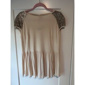 Haris Cotton Athens Sequin Cap Sleeve Peplum Blouse NWT Off White Medium
